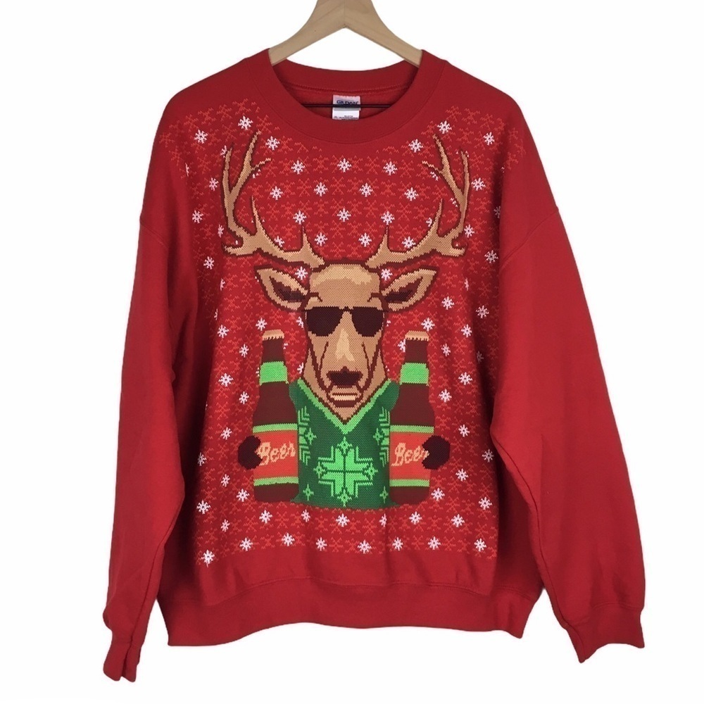 CHRISTMAS Sweatshirt Reindeer Beer Ugly Funny Novelty Holiday Party Size XL